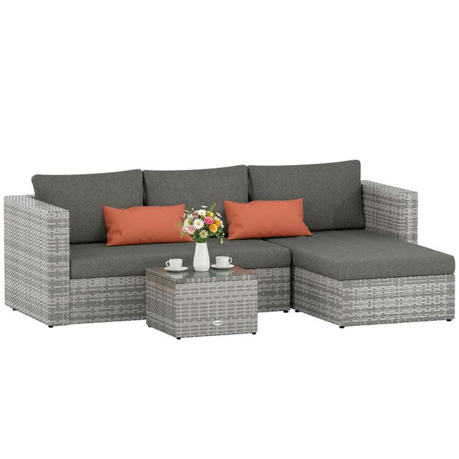 3 Pieces Outdoor PE Rattan Sofa Set, Patio Wicker Conversation Chaise Lounge Furniture w/ Tempered Glass Table-top & Soft Padded Cushion for Garden, Backyard, Lawn, Grey