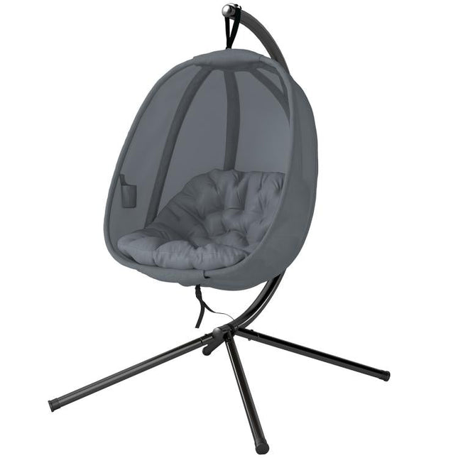 Hanging Egg Chair, Folding Texteline Swing Hammock with Side Pocket, Cushion and Stand for Indoor Outdoor, Patio Garden Furniture, Grey