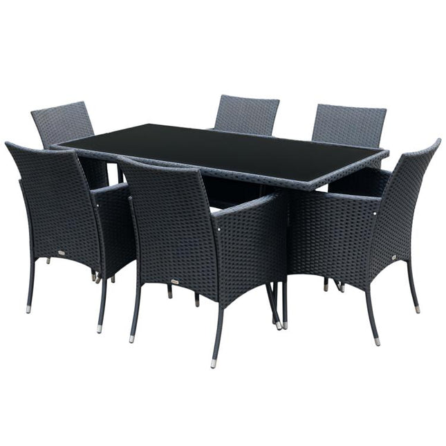 6 Seater Rattan Dining Set with Cushions, Rattan Garden Furniture Set with 6 Armchairs, Rectangular Glass Top Table, Outdoor Dining Table and Chairs, Black