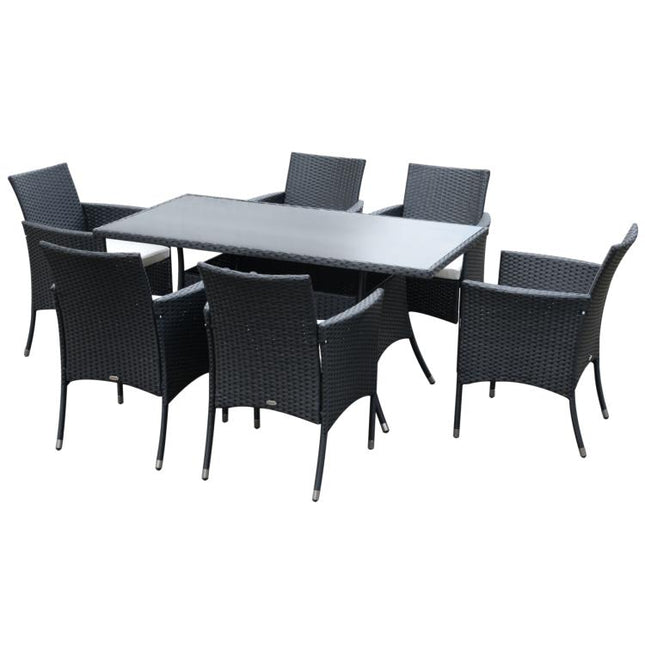 6 Seater Rattan Dining Set with Cushions, Rattan Garden Furniture Set with 6 Armchairs, Rectangular Glass Top Table, Outdoor Dining Table and Chairs, Black