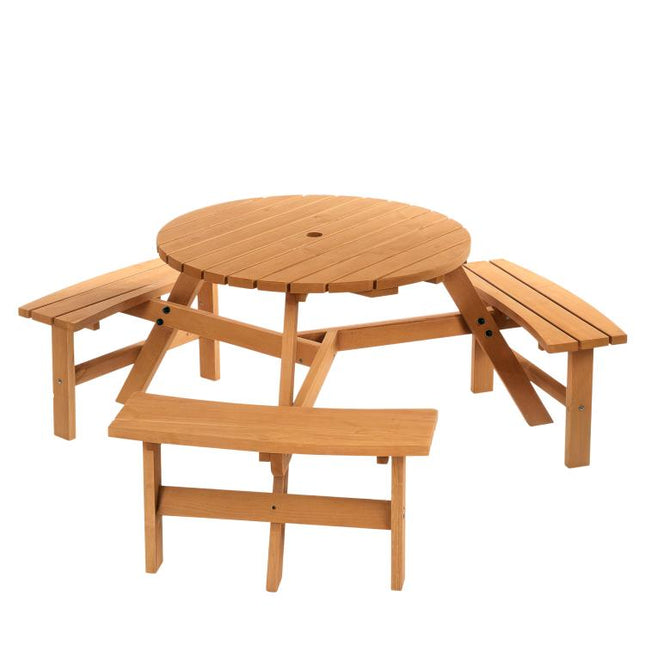 Wooden Garden Dining Set, 6 Seater Round Dining Picnic Table with Matching Bench, Garden Furniture Set with Parasol Hole for Outdoor Patio Party and Family Gatherings, Brownish Red