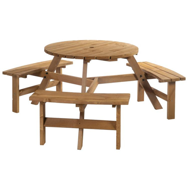 Wooden Garden Dining Set, 6 Seater Round Dining Picnic Table with Matching Bench, Garden Furniture Set with Parasol Hole for Outdoor Patio Party and Family Gatherings, Brownish Red