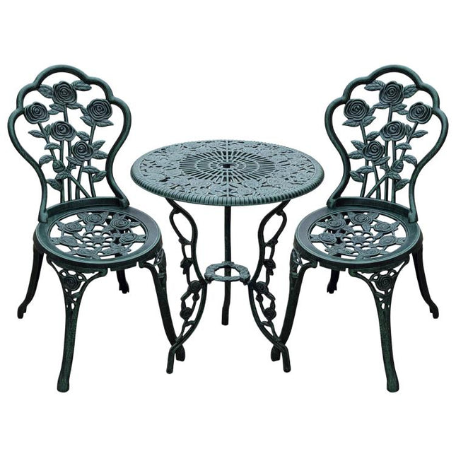 Garden Bistro Set with Umbrella Hole, 3 Piece Cast Aluminium Garden Furniture Set, Antique Floral Round Coffee Table and Chairs, Small Balcony Furniture for Outdoor, Patio, Green