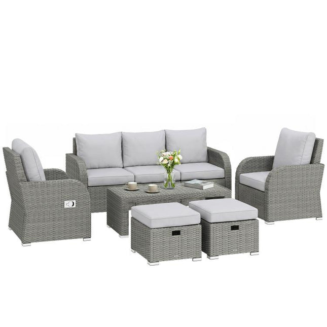 Six-piece Rattan Garden Furniture Set with Reclining Armchairs - Light Grey