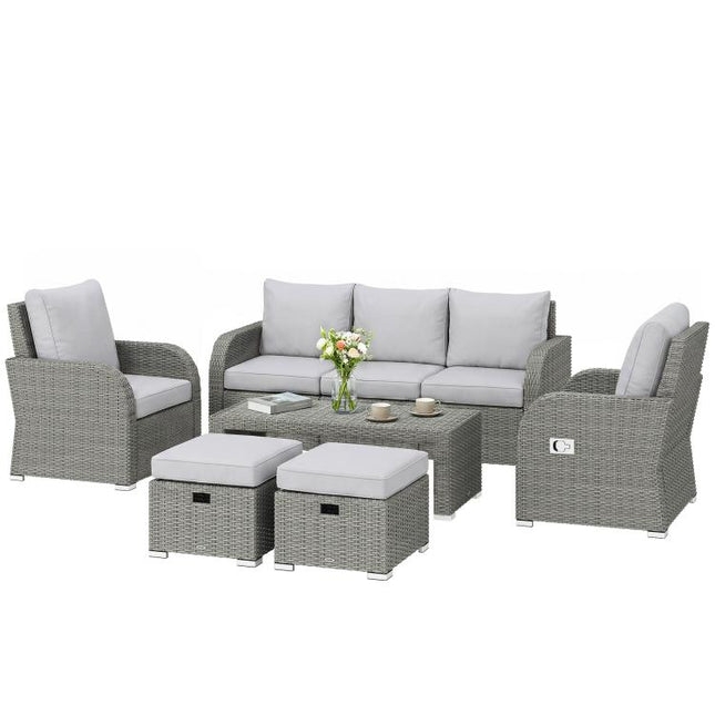 Six-piece Rattan Garden Furniture Set with Reclining Armchairs - Light Grey