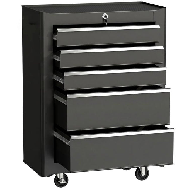 5-Drawer Tool Chest, Lockable Steel Tool Storage Cabinet with Wheels and Handle Tool Box for Garage, Workshop, Black
