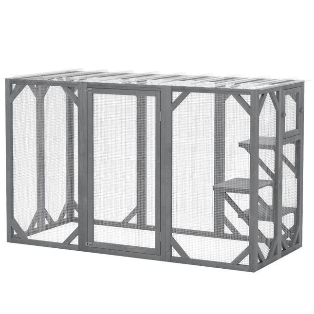 71 inch Outdoor Wooden Cat House with Three Platforms, Large Door, Water-Resistant Roof, for Multiple Cats, Grey