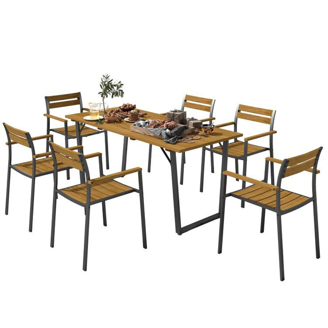 Seven-Piece Wood Panel Patio Dining Set - Brown/Black