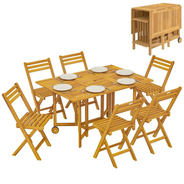 7 Pieces Garden Dining Set, Extending Dining Table and 6 Folding Chairs with Umbrella Hole for Patio, Natural Wood