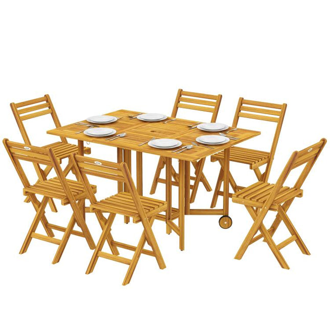 7 Pieces Garden Dining Set, Extending Dining Table and 6 Folding Chairs with Umbrella Hole for Patio, Natural Wood