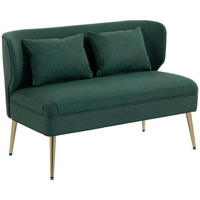 2 Seater Sofa, Linen-look Fabric Small Sofa with Wing Back, Thick Seat, Metal Legs, Dark Green