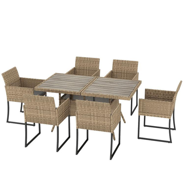7 Piece Rattan Garden Furniture Set, Garden Dining Set with Wood-Plastic Table and 6 Stackable Chairs, Dark Grey