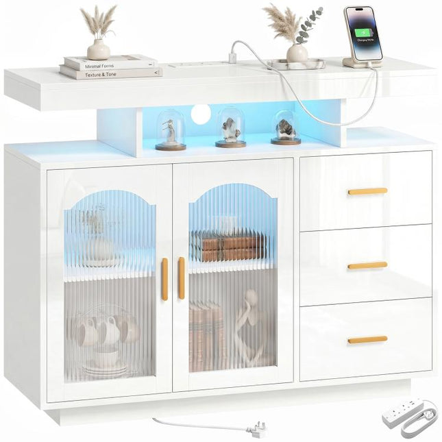 High Gloss Sideboard with LED Lights, Built-in Power Outlets, 3 Drawers, Shelves and 2 Acrylic Doors, White