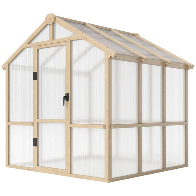 6.6 x 6ft Polycarbonate Greenhouse, Walk-in Wooden Greenhouse with Lockable Door and Window, Garden Plants Grow House, Brown