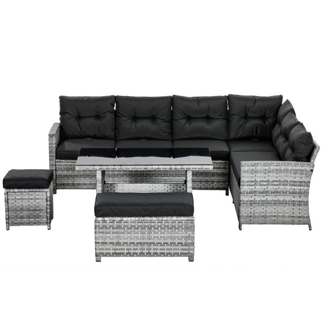 5-Piece Rattan Patio Furniture Set with Corner Sofa, Footstools, Glass Coffee Table, Cushions, Mixed Grey