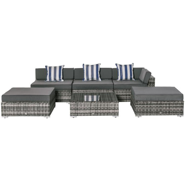 6 Pieces Rattan Garden Furniture Set, 5 Seater Garden Sofa Set with Thickened Cushions, Glass Top Coffee Table and Ottomans, Outdoor Sectional Conservatory Furniture with Pillows, Grey