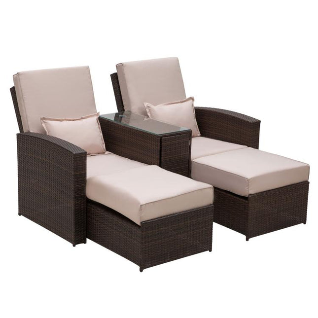 2-Seater Rattan Sofa Lounger Set-Brown