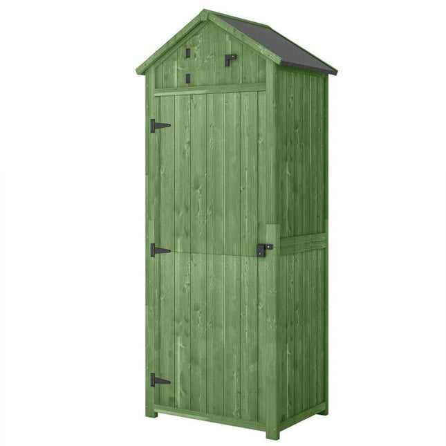 Small Shed, Tall Slim Wooden Garden Shed with 3 Removable Shelves and Roof Hatch, Compact Outdoor Tool Storage Cabinet with Asphalt Roof and Door Latch, 77 x 54.2 x 179 cm, Green