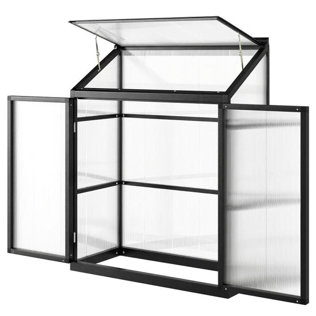 4 x 2ft Polycarbonate Greenhouse, Quick Setup, Lean-to Green House with 2 Hinged Doors, Top Vent, Black