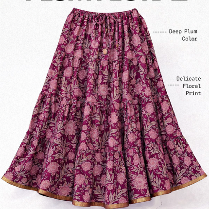 Blackfever Plum Floral Tiered Maxi Skirt with Gold Zari Border