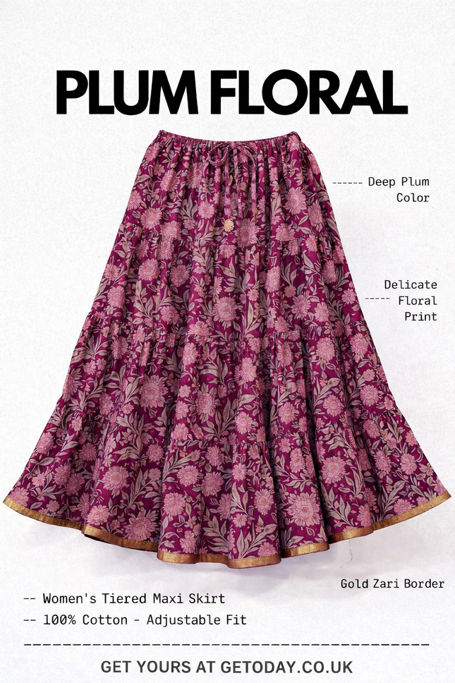 Blackfever Plum Floral Tiered Maxi Skirt with Gold Zari Border