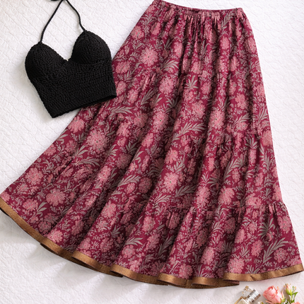 Blackfever Plum Floral Tiered Maxi Skirt with Gold Zari Border