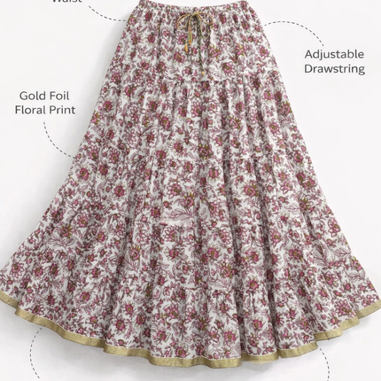 Blackfever White & Pink Floral Tiered Cotton Skirt – Free Size