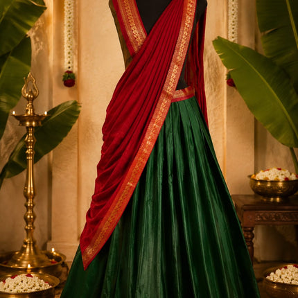 Dark Green Red Kerala Half Saree Set for Women | South Indian Traditional Half Saree | Ready-to-Wear Skirt & Dupatta | Unstitched Blouse