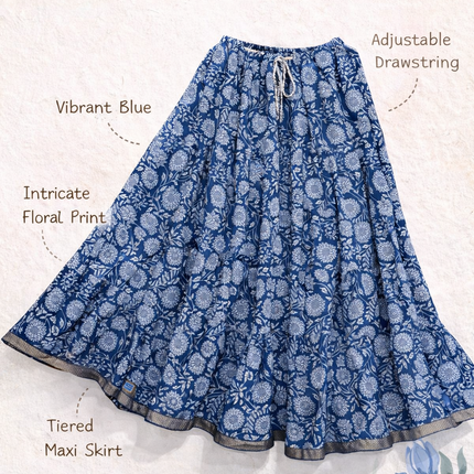 Blue Floral Tiered Cotton Maxi Skirt – Free Size
