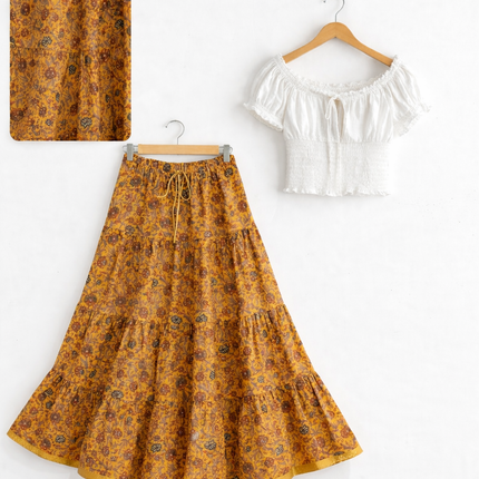 Blackfever Mustard Yellow Floral Tiered Cotton Skirt- Free Size