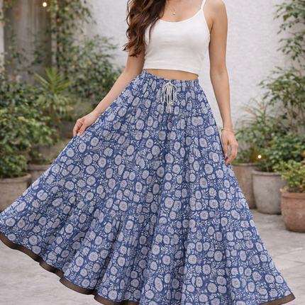 Blue Floral Tiered Cotton Maxi Skirt – Free Size