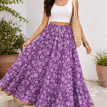 Blackfever Purple Floral Tiered Cotton Maxi Skirt with Gold Border-  Free Size