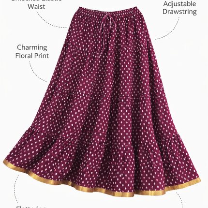 Blackfever Elegant deep plum purple base Printed Tiered Skirt – Free Size