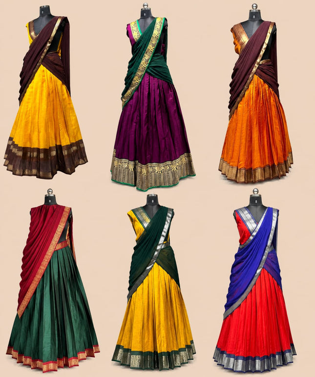 Yellow Purple Kerala Half Saree Set | South Indian Traditional Outfit | Ready-to-Wear Skirt & Dupatta | Unstitched Blouse