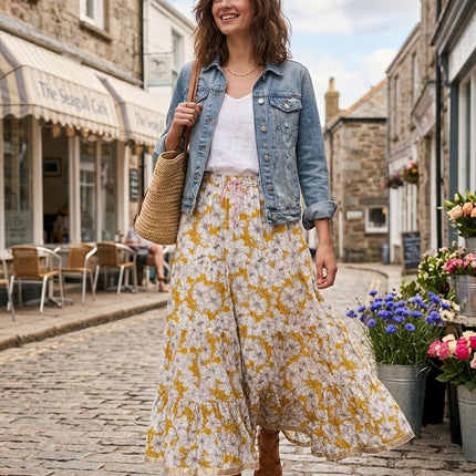 Blackfever Women's Tiered Floral Maxi Skirt - 100% Cotton, Mustang Yellow & White
