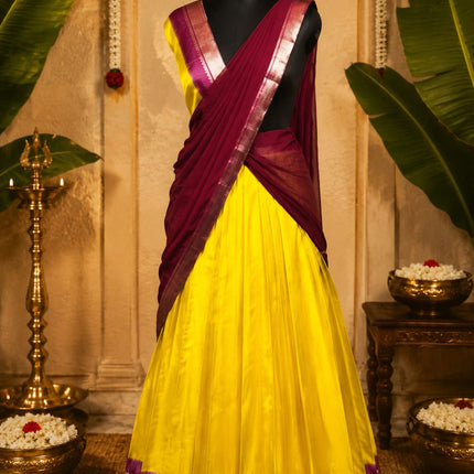 Yellow Maroon Kerala Half Saree Set | South Indian Traditional Half Saree | Ready-to-Wear Skirt & Dupatta | Unstitched Blouse Piece | Fest