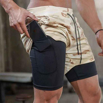 Camo Jogging Workout Shorts for Men - 2-in-1 Design, Quick Dry.