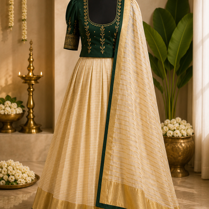 Kerala Half Saree Set – Emerald Green