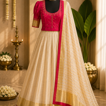 Kerala Half Saree Set – Festive Fuchsia