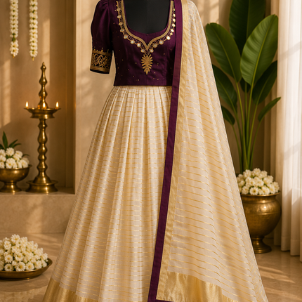 Kerala Half Saree Set – Deep Plum