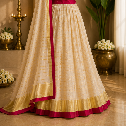Kerala Half Saree Set – Ruby Pink