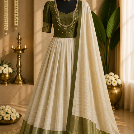 Kerala Half Saree Set – Olive Green
