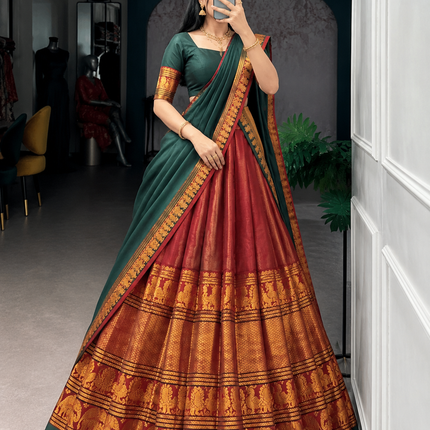 Emerald Varnika Half Saree Set (Green, Red & Rust Gold)