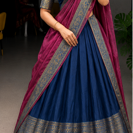 Vaidehi Royale Half Saree Set – Navy Blue & Magenta
