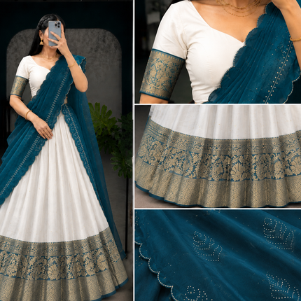 Neelambari Heritage Half Saree Set – White & Teal Blue