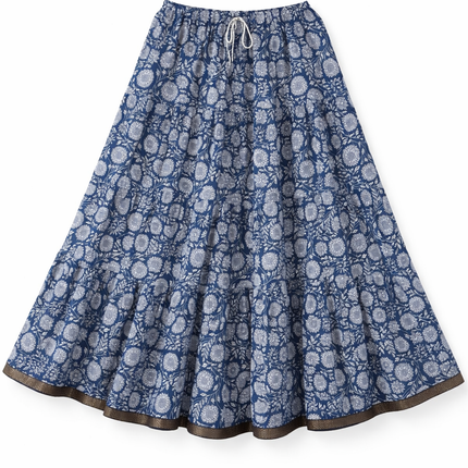 Blue Floral Tiered Cotton Maxi Skirt – Free Size