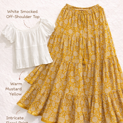 Blackfever Mustard Yellow Floral Tiered Cotton Maxi Skirt – Free Size