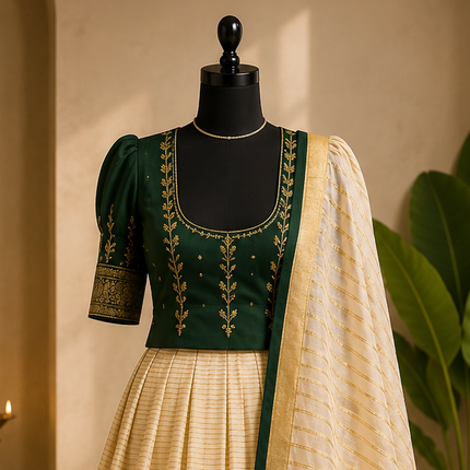 Kerala Half Saree Set – Emerald Green