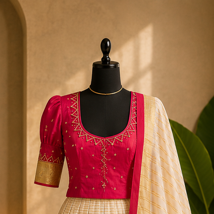 Kerala Half Saree Set – Festive Fuchsia