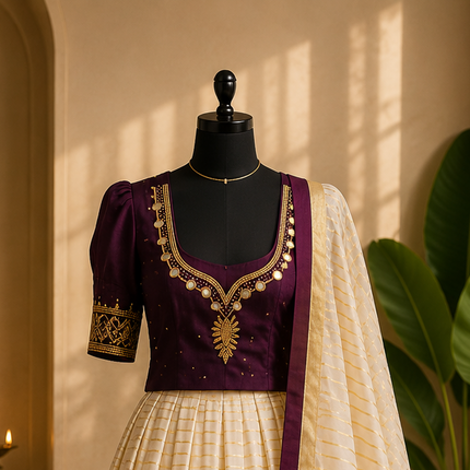 Kerala Half Saree Set – Deep Plum